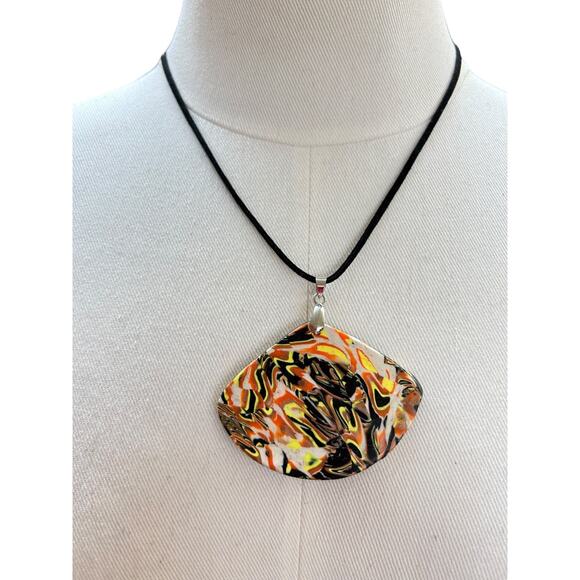 Oversize Polymer Clay Pendant on Black Cord 18 Inch Necklace - Picture 2 of 8